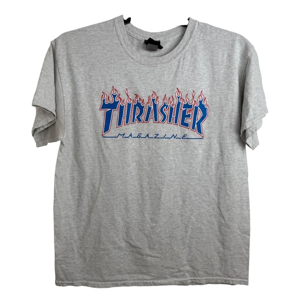 Thrasher Magazine Flame Logo T-Shirt Size Large Gray Blue Red Skater Streetwear